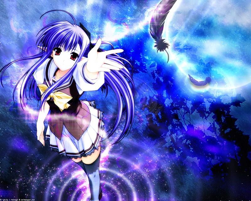 blue anime girl reaches up to a feather in style of 00's anime